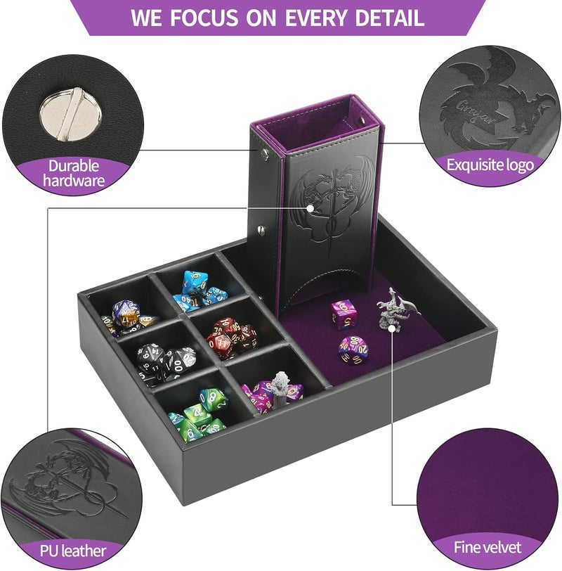 Grajar DND Dice Tray and Dice Tower with Storage, 3 in 1 Dice Rolling Tray with Lid, Portable Dice Box Storage, DND dice Holder for Dungeons and Dragons D&D RPG MTG Table Games - Purple - Image 5